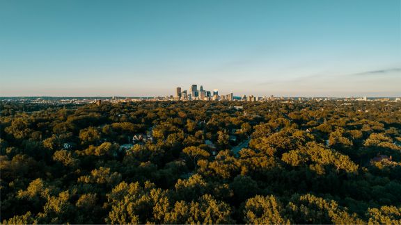 A wide aerial view of a city skyline in the distance, with tall modern buildings rising above a vast expanse of dense green trees and residential neighborhoods in the foreground under a clear blue sky.